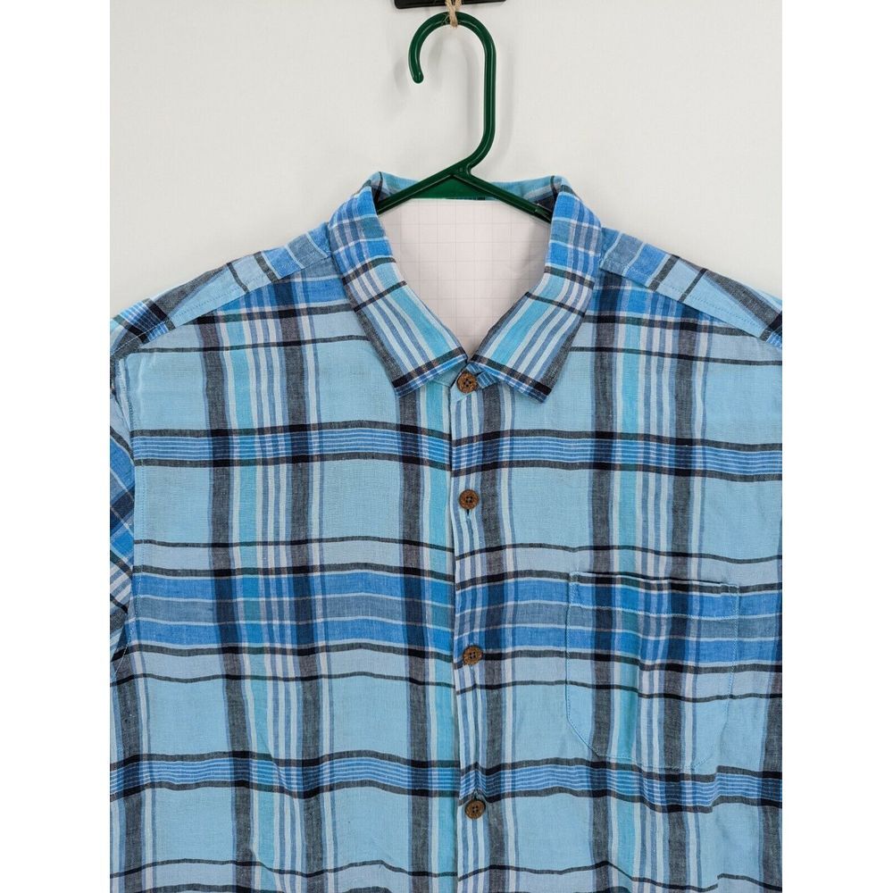 Men's Tommy Bahama 100% Linen Blue Plaid Short Sleeve Button Down Shirt, XL